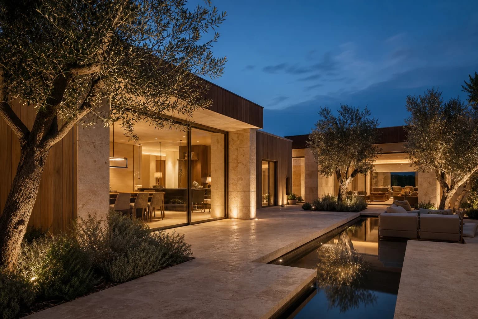 Luxury contemporary residence in limestone and stained oak at dusk